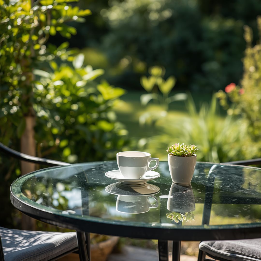 Circular garden table with polycarbonate top