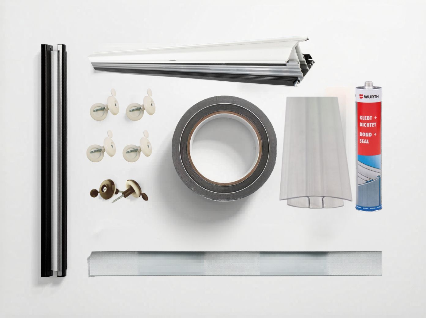 Polycarbonate roofing accessories - glazing bars, fixing buttons, sealing tape, breather tape, butyl flashing and neutral silicone